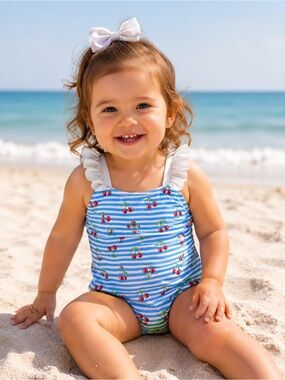 BLUkids Girls Blue & White Stripe Cherry Print One-Piece Swimsuit NWT Size 2